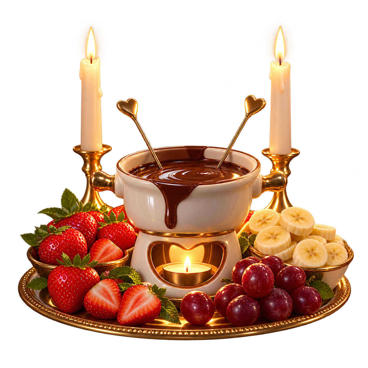 Fondue de chocolate com frutas à luz de velas